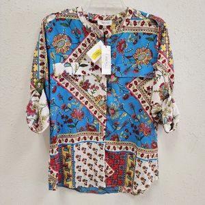 Calvin Klein Women's Long Sleeve Multicolored V-Neck Floral Blouse Size M